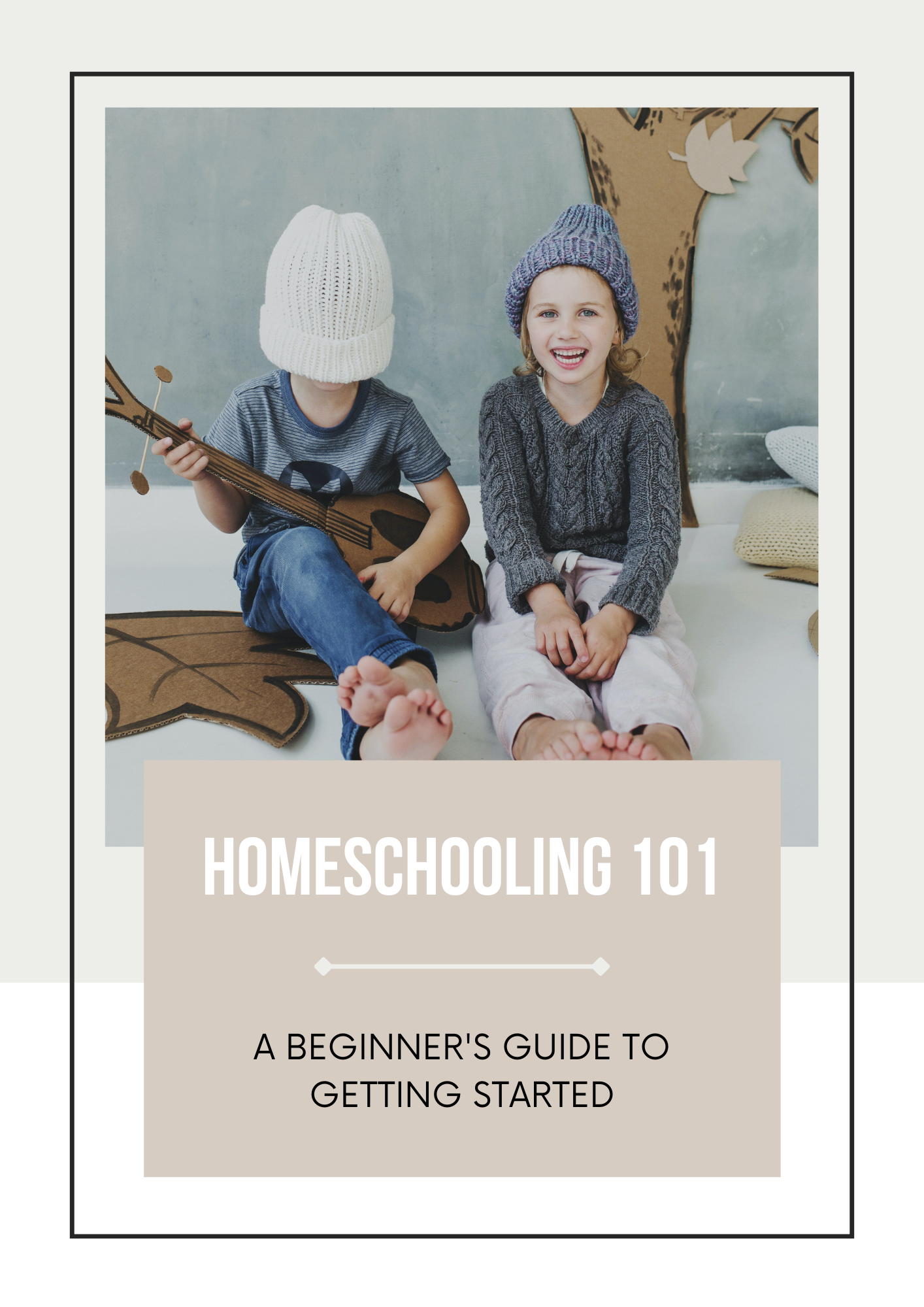 Two children sitting on a floor, one wearing a hat and holding a guitar, the other smiling, with a text overlay about homeschooling.